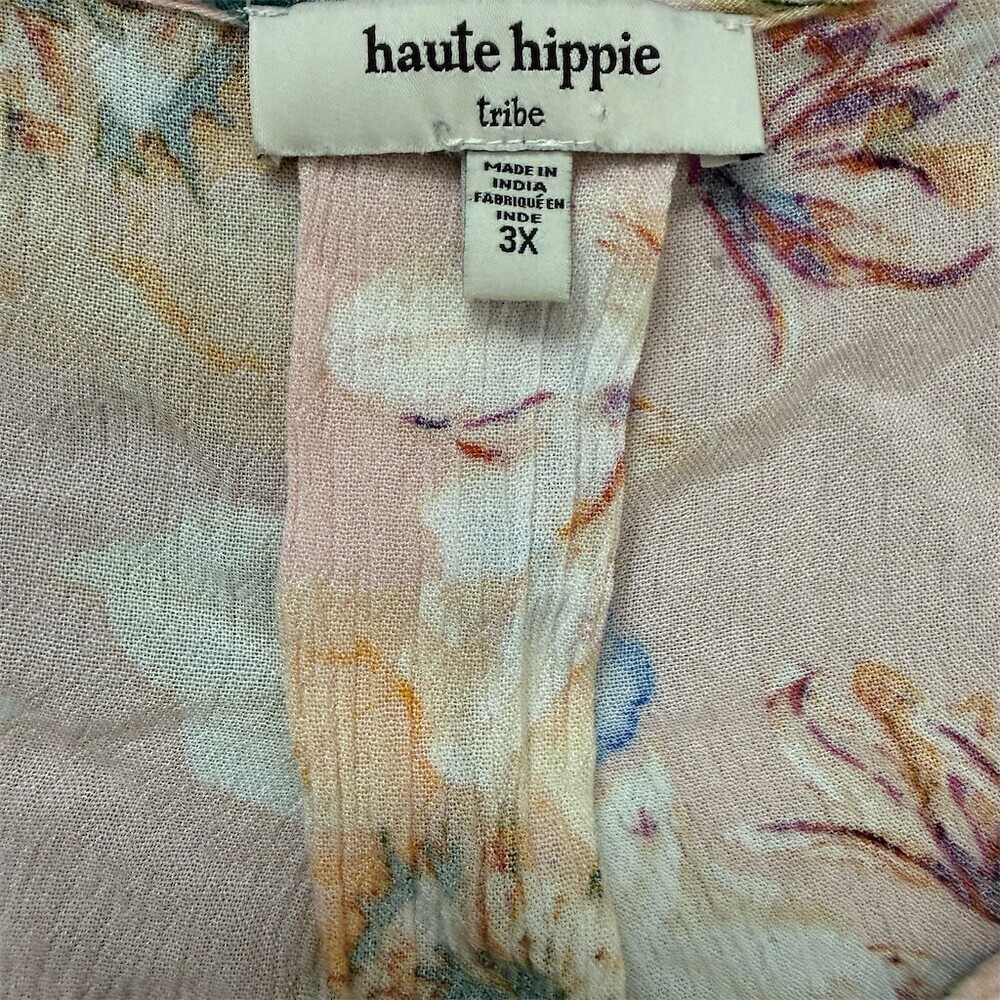 Haute Hippie Tribe Blouse 3X Pink Floral Ruffle Tie-Neck Boho Peasant Cottage - Picture 4 of 8